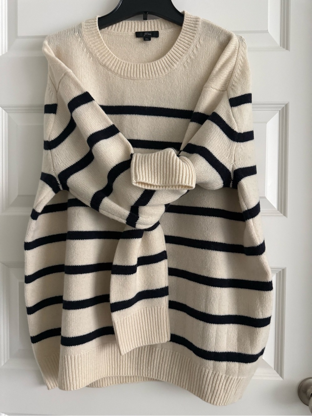 J. Crew Cream and Black Striped Crewneck Sweater